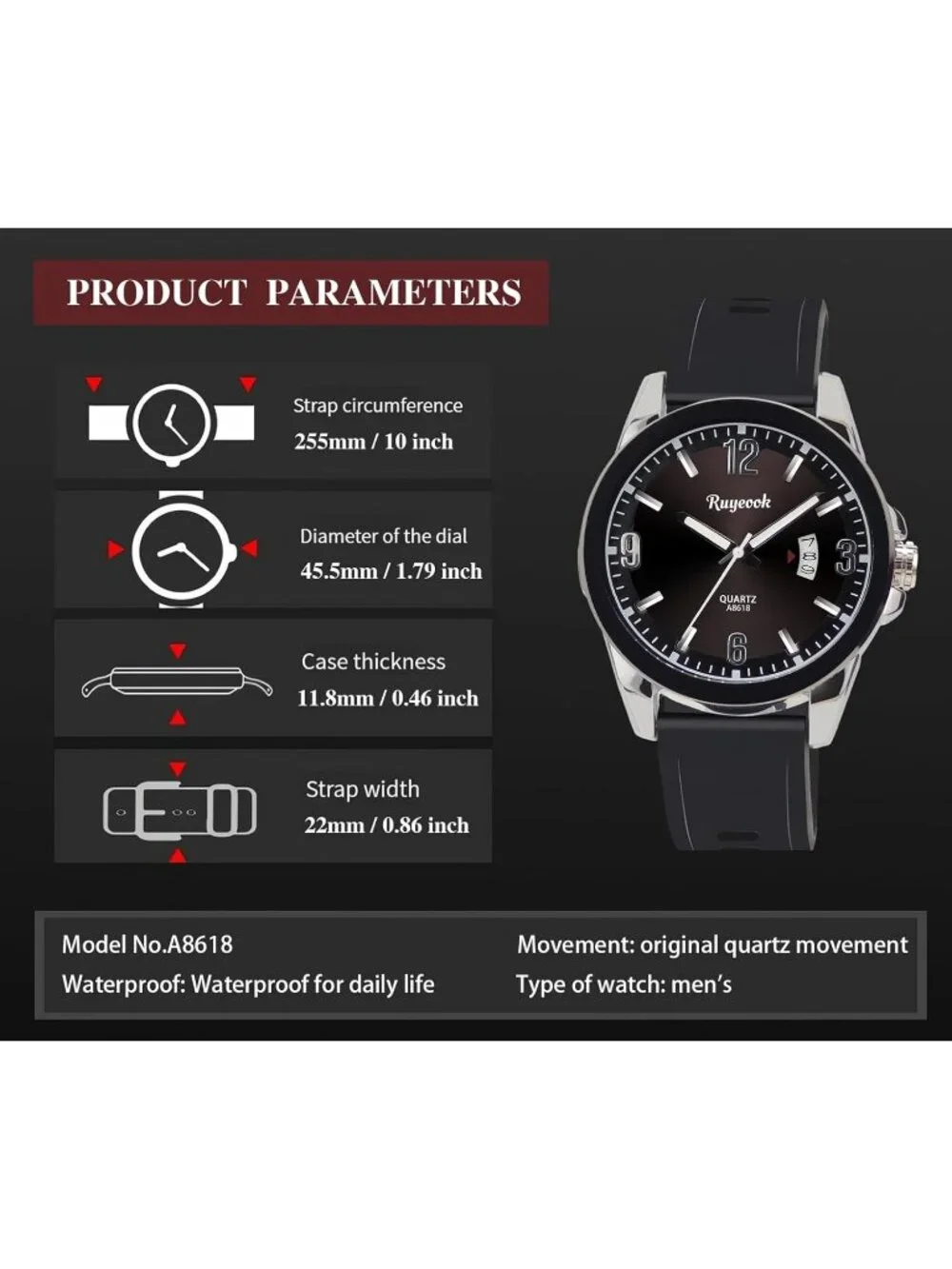 Men's Black Silver Analog Rubber Silicone Band Waterproof Stylish Wrist Watch